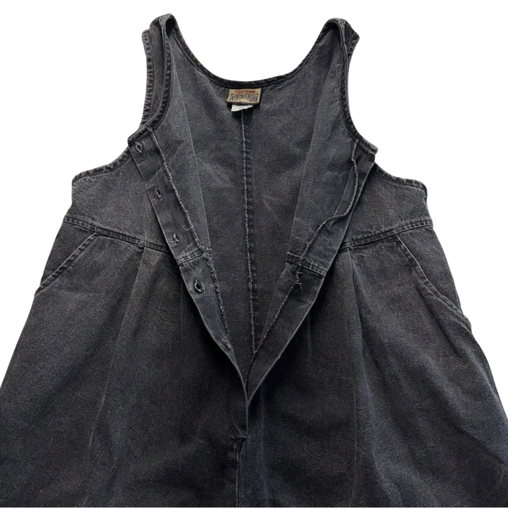 Vintage Blue 80's Acid Wash 100% Cotton Button Down Romper Shorts Pockets S #261